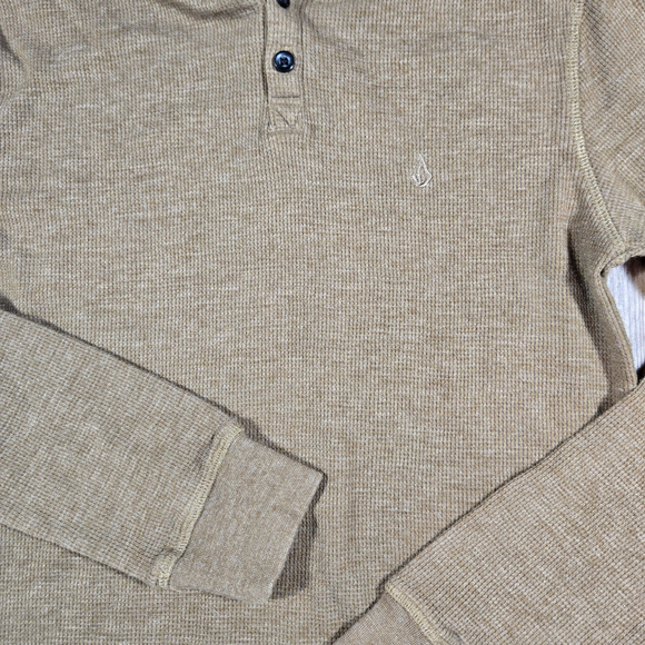 Volcom Hoodie Boys Size 10Y Medium Brown Waffle Knit Henley Pullover Thermal Top - Picture 2 of 8